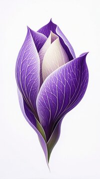 Fantasy purple flower bud with white veined petals. Artistic floral illustration shows close up botanical bloom. Elegant organic shape with detailed texture on white background. Unique plant design