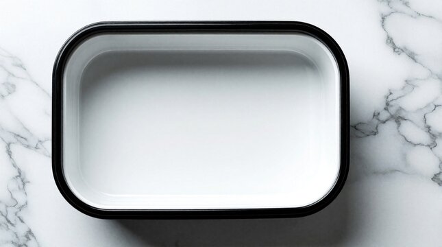 Top view of empty bento lunch box on white marble background. Rectangular food container with black rim sits on luxury stone surface. Blank meal prep tray mockup for food packaging design kitchen