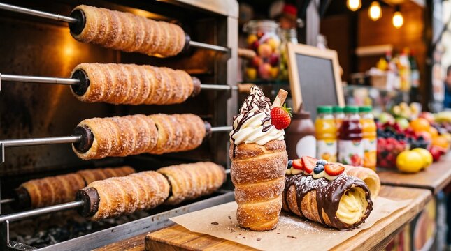 Traditional European Chimney Cake and Sweet Trdelnik at Outdoor Food Market
