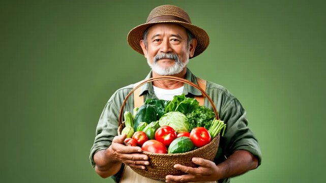 Farmer Holding Basket of Fresh Vegetables on Green Screen