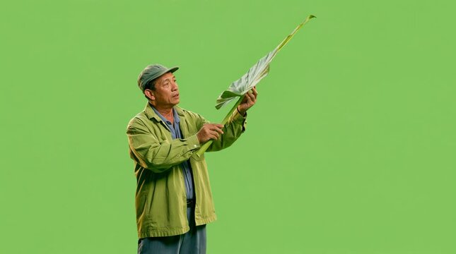 Farmer Examining Crop Leaf on Green Screen Background