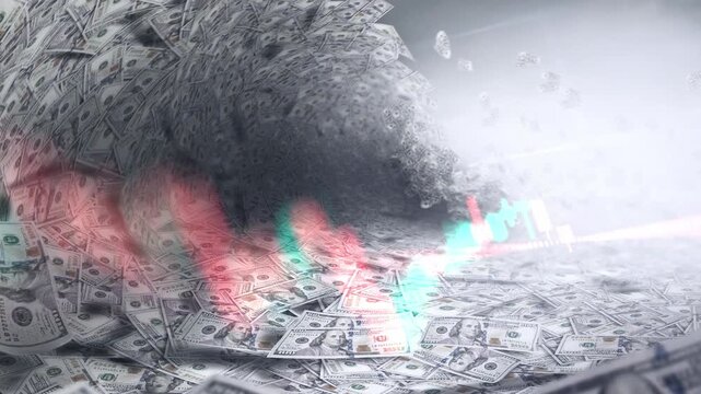 A dynamic timelapse video featuring fast moving stock market candlestick bars blended with dollars shaped like a massive tsunami wave, representing market volatility, cash inflow, and financial power.