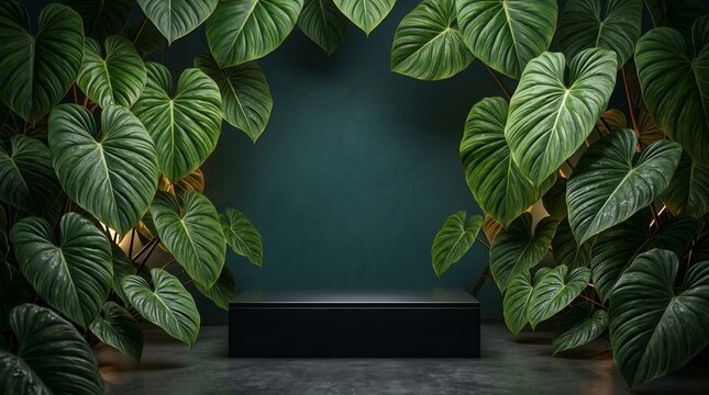Dark pedestal surrounded by lush green tropical plant leaves border