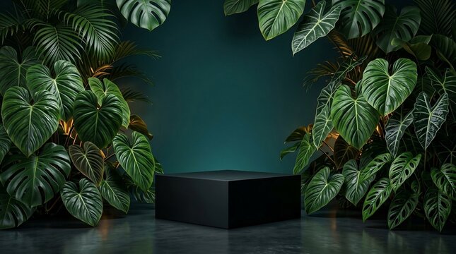 Modern display platform surrounded by lush tropical greenery