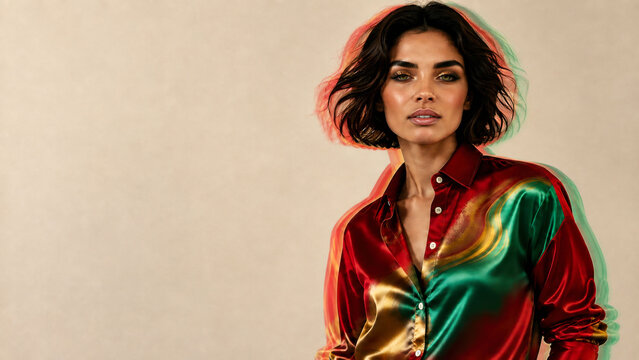 Modern Woman in Colorful Satin Shirt with Chromatic Motion Effect and Copy Space