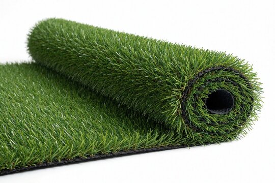 Roll of artificial green grass on white background. Synthetic turf carpet for garden lawn sports field. Fake meadow mat provides green texture for outdoor playground indoor decor. Plastic grass rug