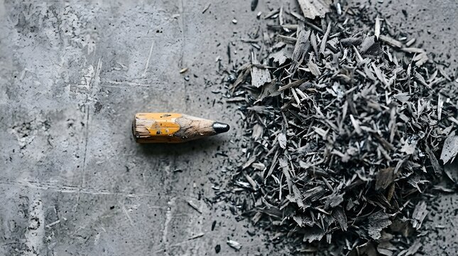 Sharp metal drill bit and scattered metal shavings on concrete surface