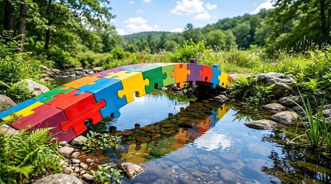 Colorful Puzzle Piece Border Over Calm Stream in Nature