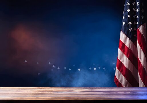 American flag background with wooden table display.