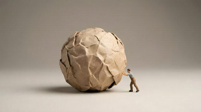 Miniature person pushing a large crumpled paper ball