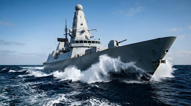 Modern Warship Cruising at Sea with Dynamic Waves