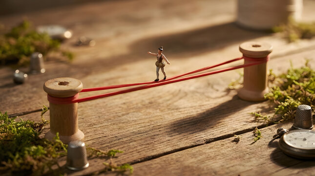 Small figure tightrope walking across red string.
