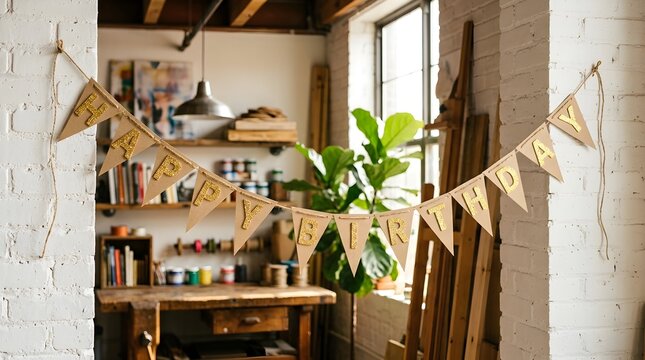 Decorative Green Leaf Plant with Bunting in Cozy Indoor Space