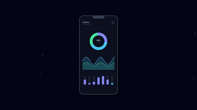 Futuristic financial mobile data tracking app interface screen mockup with glowing UI charts