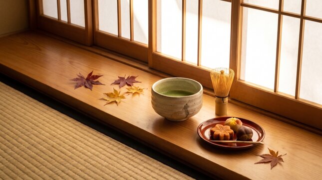 Traditional Japanese matcha tea ceremony set with autumn maple leaves on a wooden windowsill.