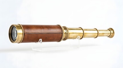 Fototapeta premium Vintage Brass Telescope with Leather Fittings on Clear Stand