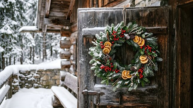 Festive Christmas Wreath on Rustic Wooden Door in Snowy Setting