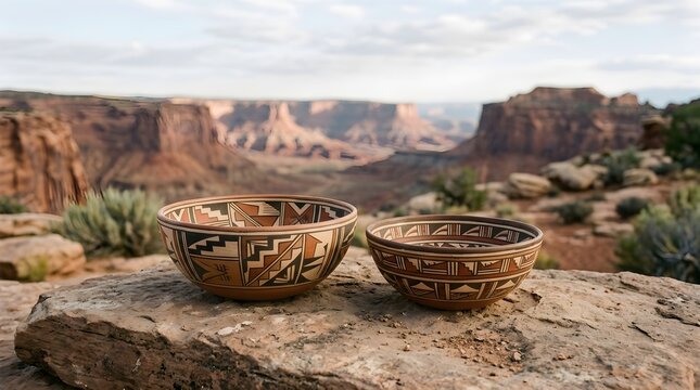 Ethereal Desert Scene with Ancient Pottery and Grand Canyon Views
