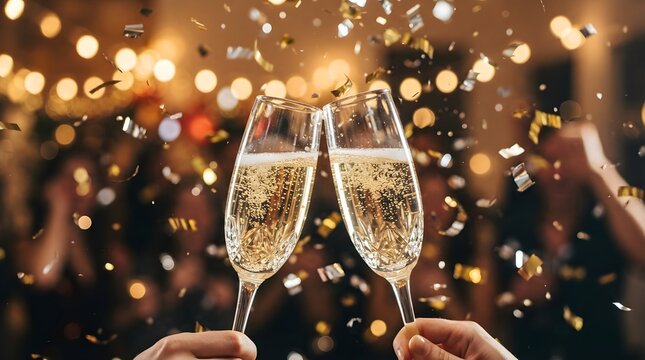 Sparkling Wine Glasses Clinking Amid Festive Lights
