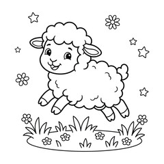Obraz premium Cute baby sheep happily jumping over flower meadow with stars coloring page, cheerful spring farm concept