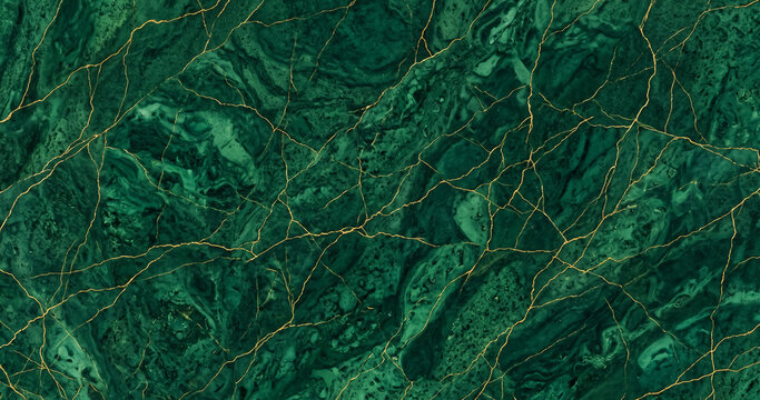Emerald Green Marble Texture Background, Luxury Malachite Stone Surface with Golden Veins for Interior Design Wallpaper