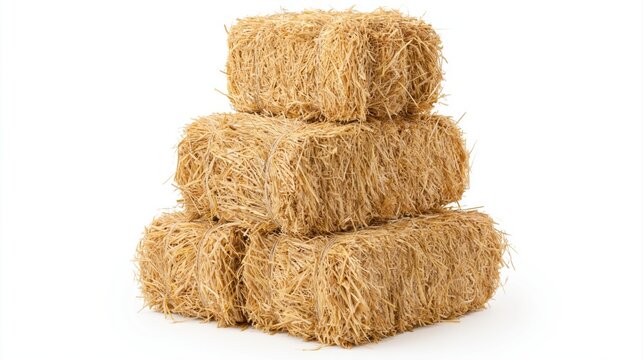 Straw and hay bales stacked in a pyramid for agriculture farming and harvest dry