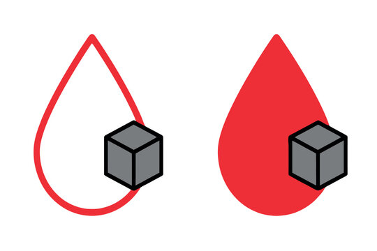 Red droplet shapes alongside gray cubic forms present a simple graphic illustration drops liquid fluid crimson rouge scarlet ruby cube