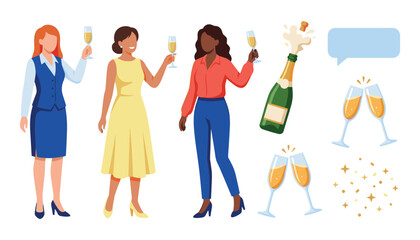 Fototapeta premium Diverse Women Celebrating with Champagne Toast Vector Illustration Set with Female Friends Corporate Colleagues Popping Wine Bottle Sparkles and Clinking Flutes
