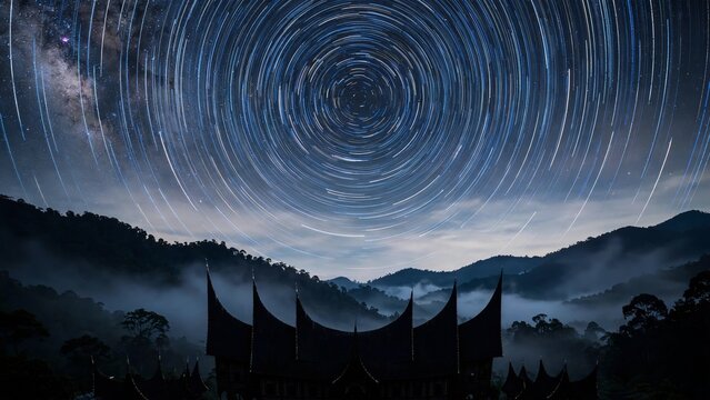Dramatic star trails over a traditional Minangkabau Rumah Gadang house nestled in a misty forested mountain valley in West Sumatra at night