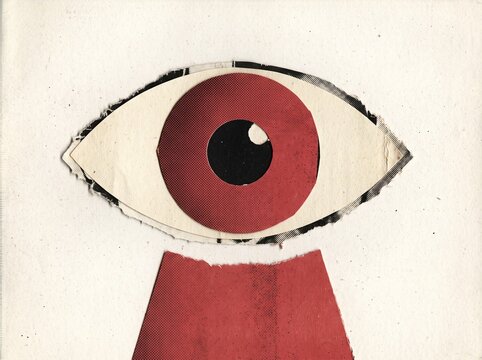 Abstract Surreal Paper Collage Illustration of a Large Red Eye with Halftone Patterns