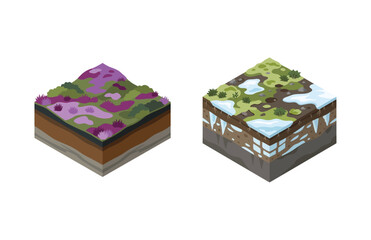 Obraz premium Isometric Cross Section Landscape Blocks Featuring Lush Purple Vegetation and Snowy Winter Terrain