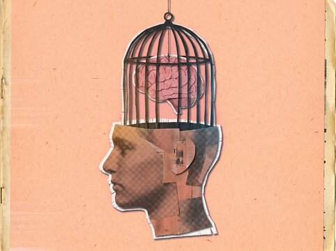Conceptual Collage of a Brain Inside a Birdcage on a Human Head Profile