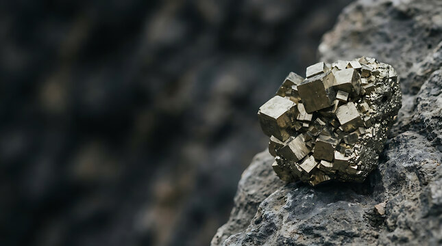 Cubic pyrite crystal cluster formation on rough stone background, natural mineral specimen closeup