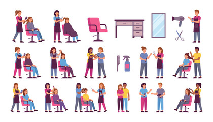 Fototapeta premium Hair salon and beauty parlor vector illustration set featuring professional hairdressers cutting styling brushing hair for customers plus interior furniture equipment icons
