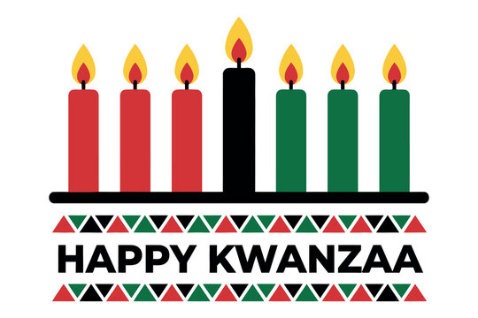 Seven lit candles in red black and green hues stand above a patterned kwanzaa backdrop flames wax tapers colors hue