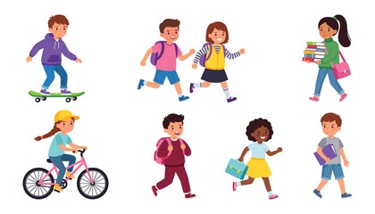 Fototapeta premium Happy Cute School Children Character Vector Set with Little Kids Riding Bicycle Skateboard and Carrying Backpacks Isolated on White Background