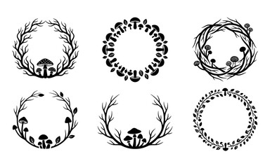 Fototapeta premium A set of six monochrome circular wreaths displaying detailed botanical illustrations of mushrooms and delicate leafy branches against a plain white backdrop