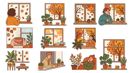 Obraz premium People enjoying warm drinks by windows with autumn leaves falling outside, cozy indoor scenes