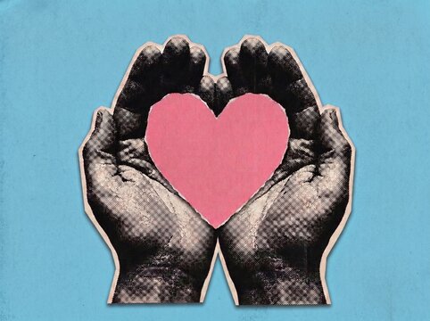 Paper Collage Illustration of Cupped Hands Holding a Pink Heart on Blue Background