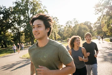 Diverse Friends Jogging Together in Sunny Public Park, Healthy Active Lifestyle and Outdoor Fitness Snapshot with Copy Space © Tuna salmon