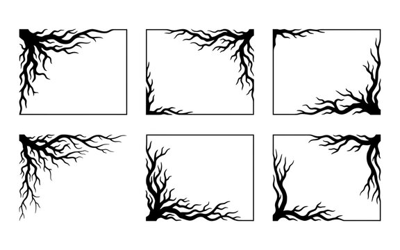 Collection of six black and white tree root frames with varying branch density and corner designs on a white background