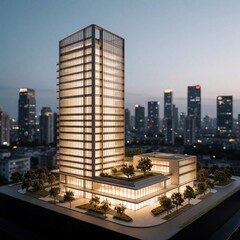 Obraz premium Modern glass skyscraper model glows at dusk against city skyline background. Architectural concept features urban development and contemporary design, illustrating future cityscapes.