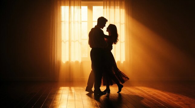 Silhouetted couple dancing in romantic golden light near large window. Man, woman embrace during intimate slow dance in dark room. Warm sunset glow creates dramatic atmosphere for lovers celebrating
