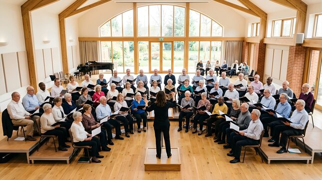 Senior community choir performing with a conductor in a bright hall
