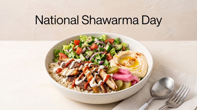 International national shawarma day bowl with grilled meat salad hummus and garlic sauce shawarma flatbread middleeastern