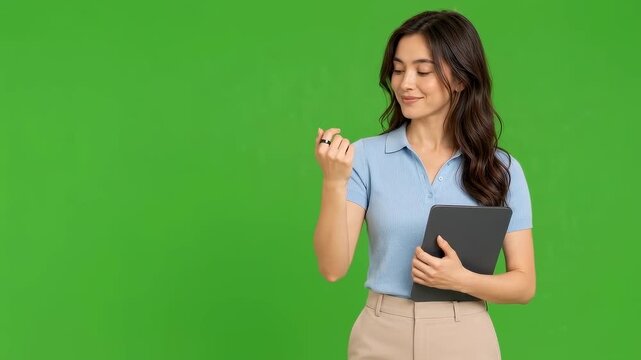 Woman interacting with smart ring on green screen background
