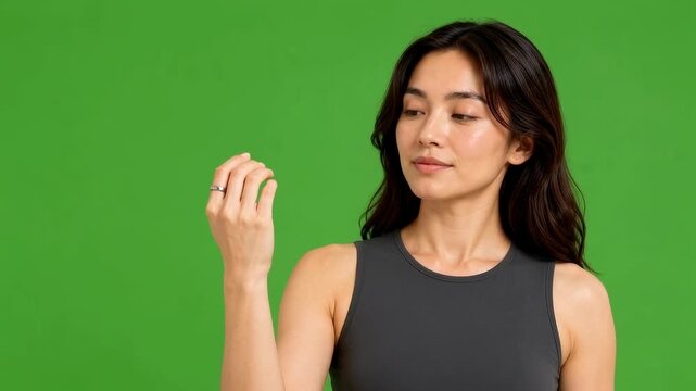 Woman showing fingers with smart ring against green screen chroma key