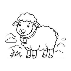 Obraz premium Cute fluffy baby sheep wearing collar bell on farm pasture coloring page, sweet lamb concept