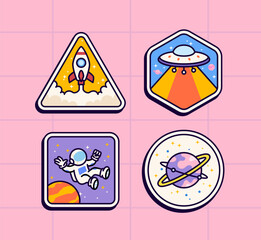 Space sticker collection featuring rocket, UFO, astronaut and planet designs. Vector cartoon for cosmic themes illustration hand drawn © Walt