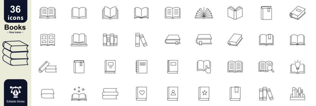 books line icon set including thirty six clean outline symbols for reading, education, libraries, study, learning, publishing, and digital content Editable stroke